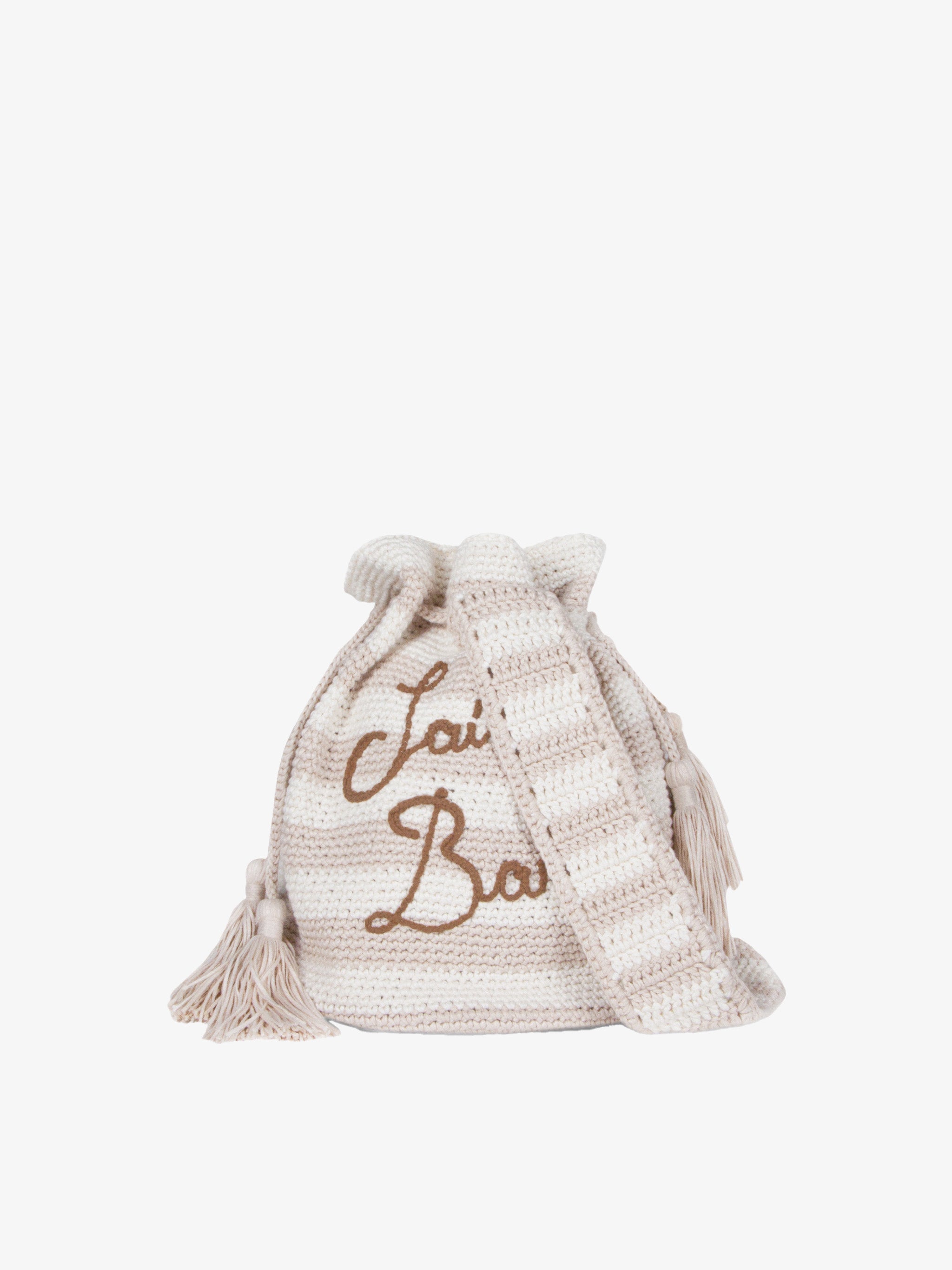 Borsa secchiello Crochet Bucket crochet a righe beige e bianche