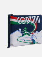 Pochette Aline effetto lana con stampa sciatori Cortina