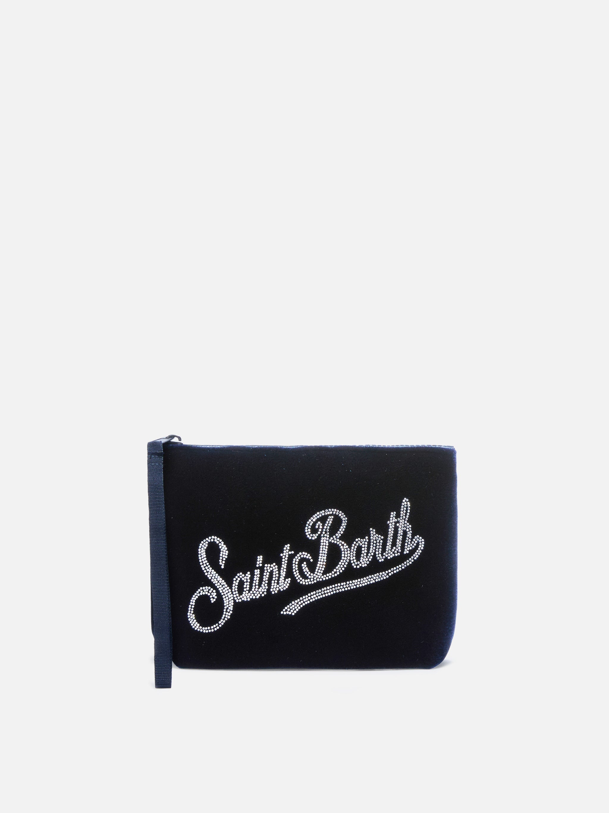 Pochette Aline in scuba effetto velluto blu con logo strass