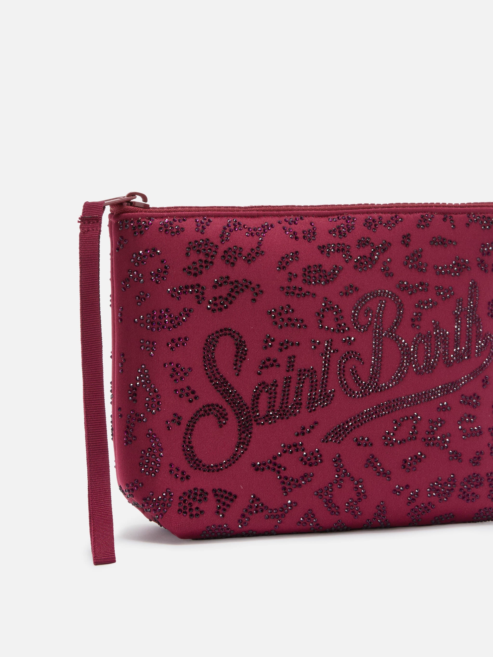 Pochette Aline in scuba con stampa leopardata e strass applicati