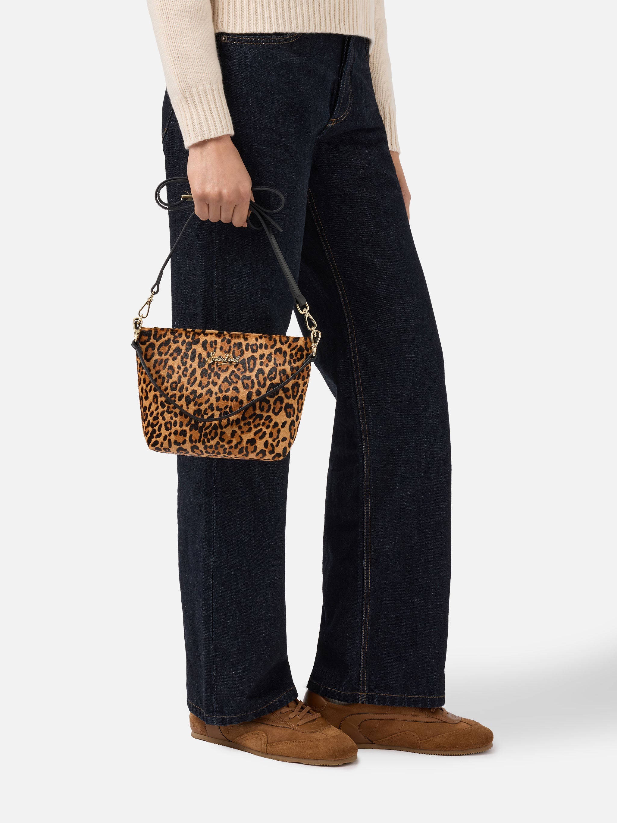 Borsa a spalla Aline Bag in pelle spazzolata e cavallino leopardato