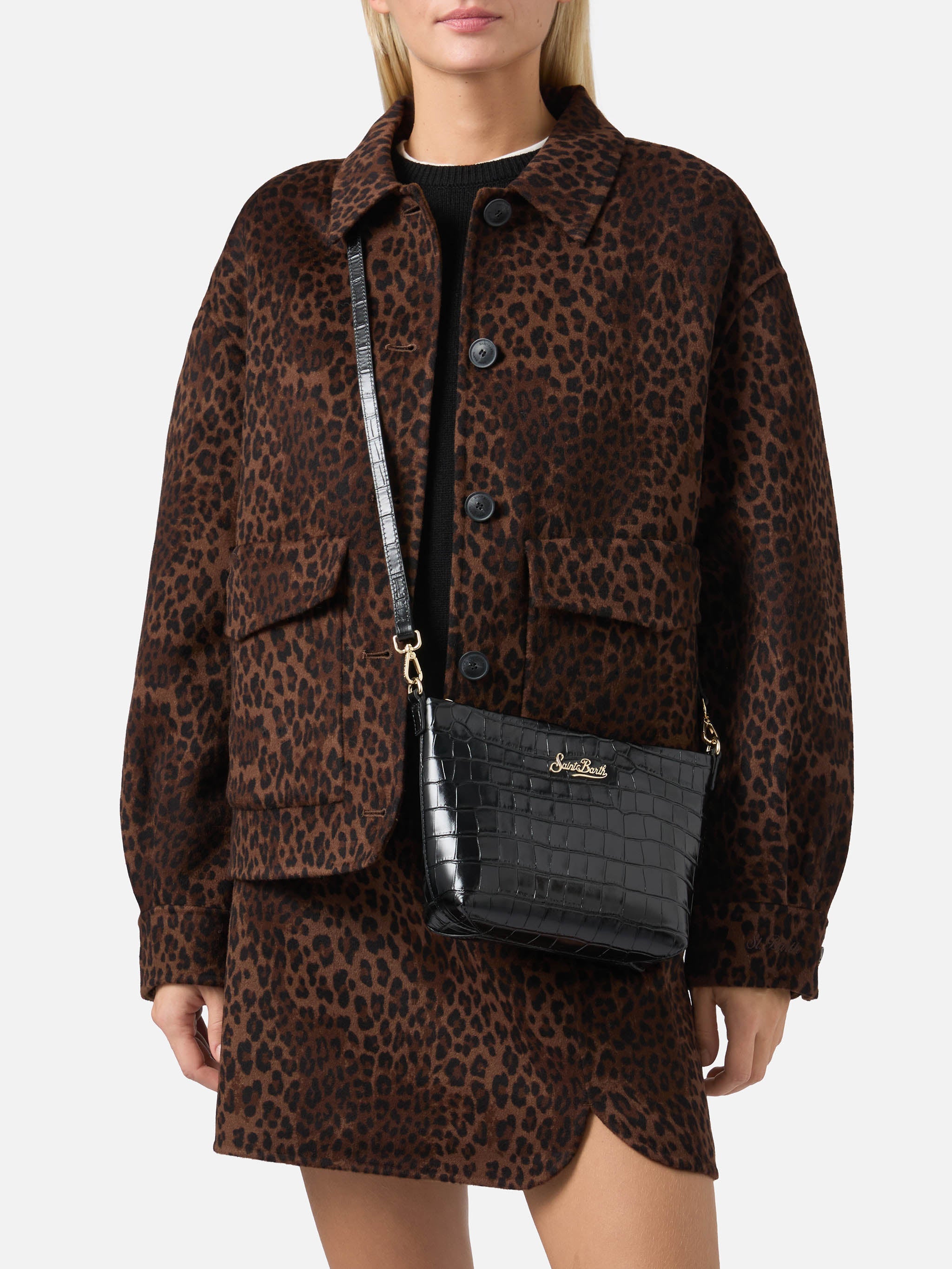 Borsa a spalla Aline Bag in pelle stampa cocco nera