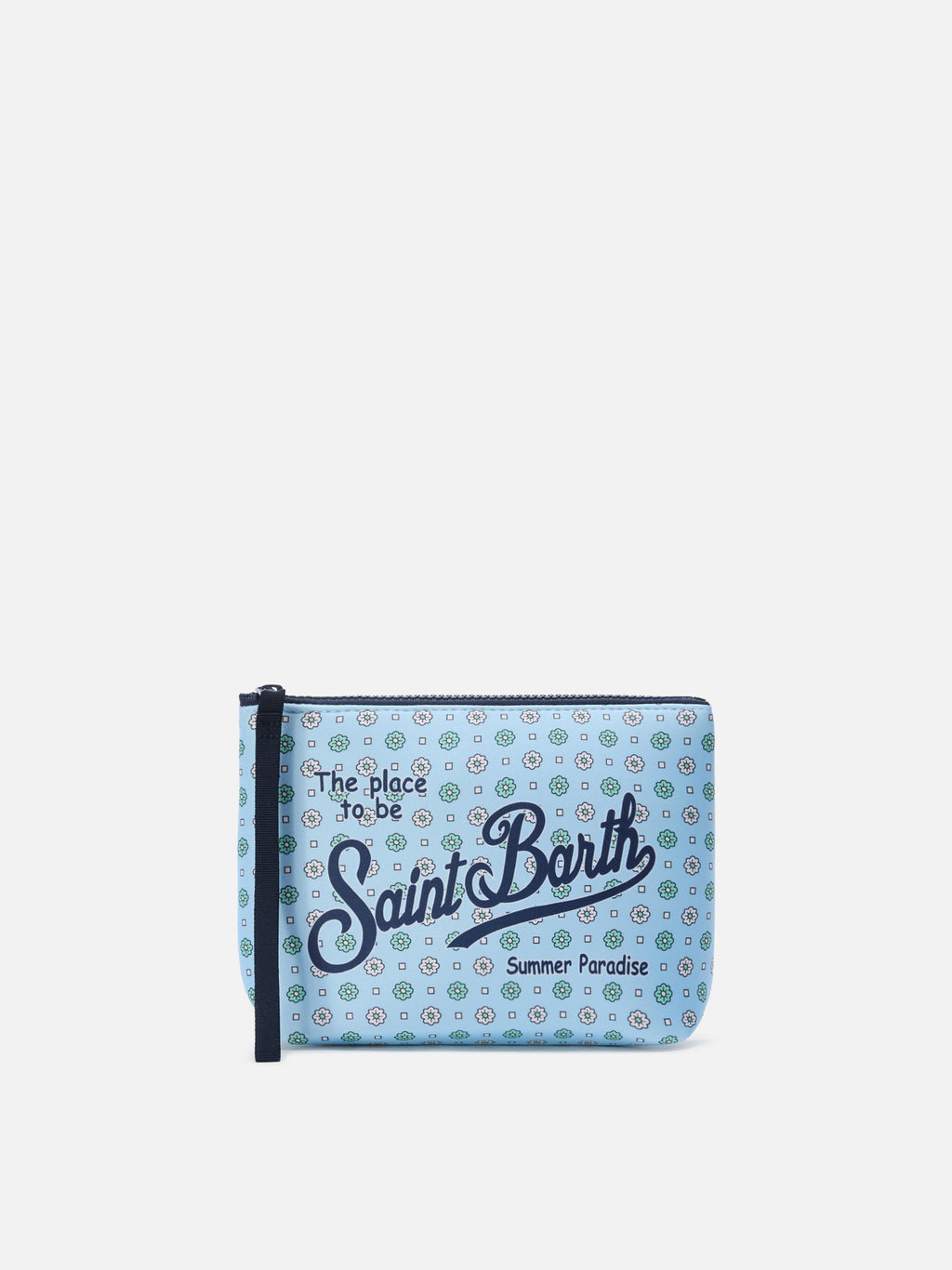 Pochette Aline in scuba azzurra con stampa a fiori all-over