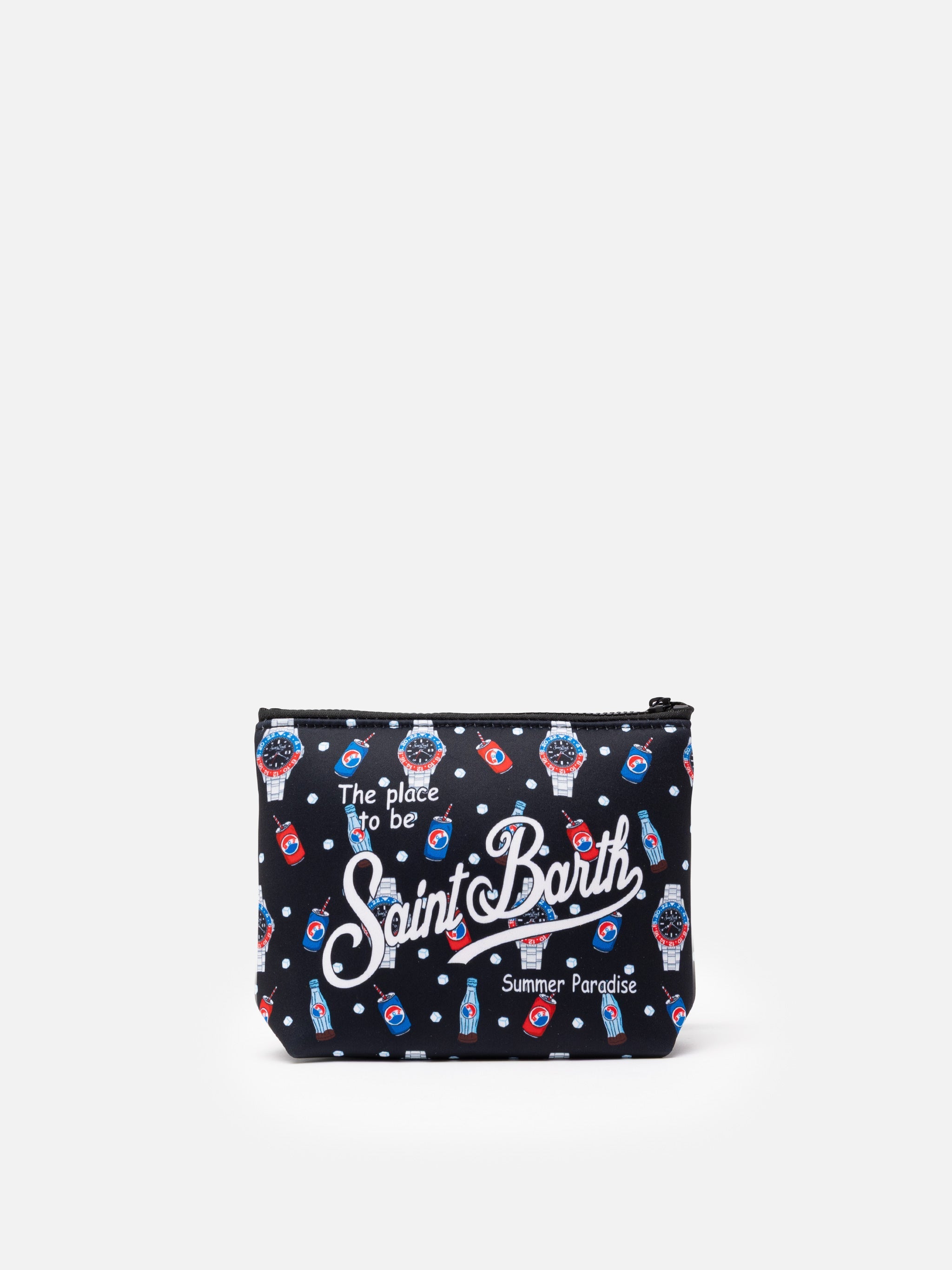 Pochette Aline in scuba con stampa orologi e drink