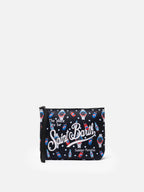 Pochette Aline in scuba con stampa orologi e drink