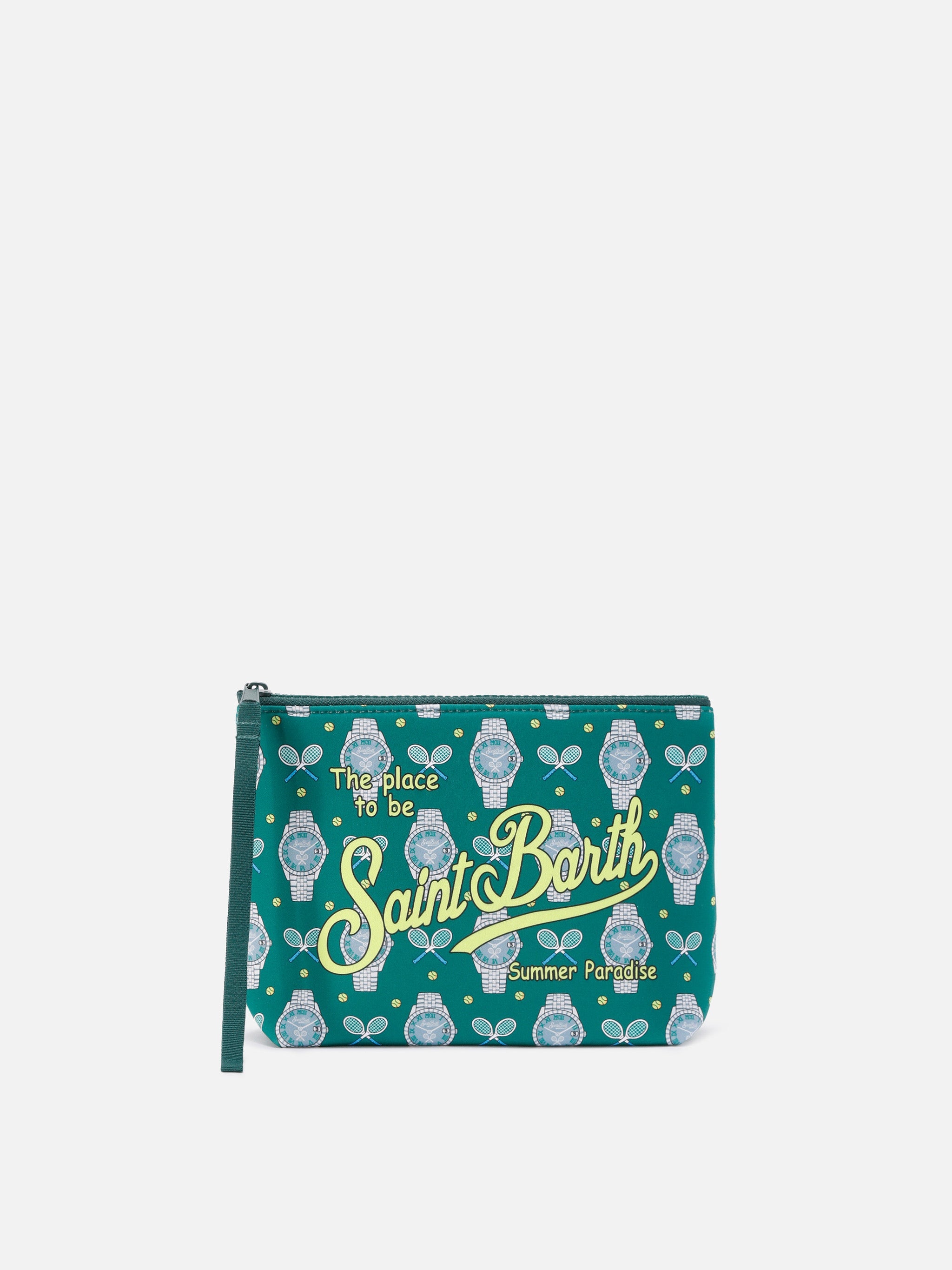 Pochette Aline in scuba con stampa Tennis e Orologi