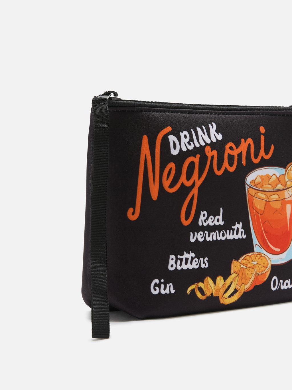 Pochette Aline in scuba nera con stampa Ricetta Negroni