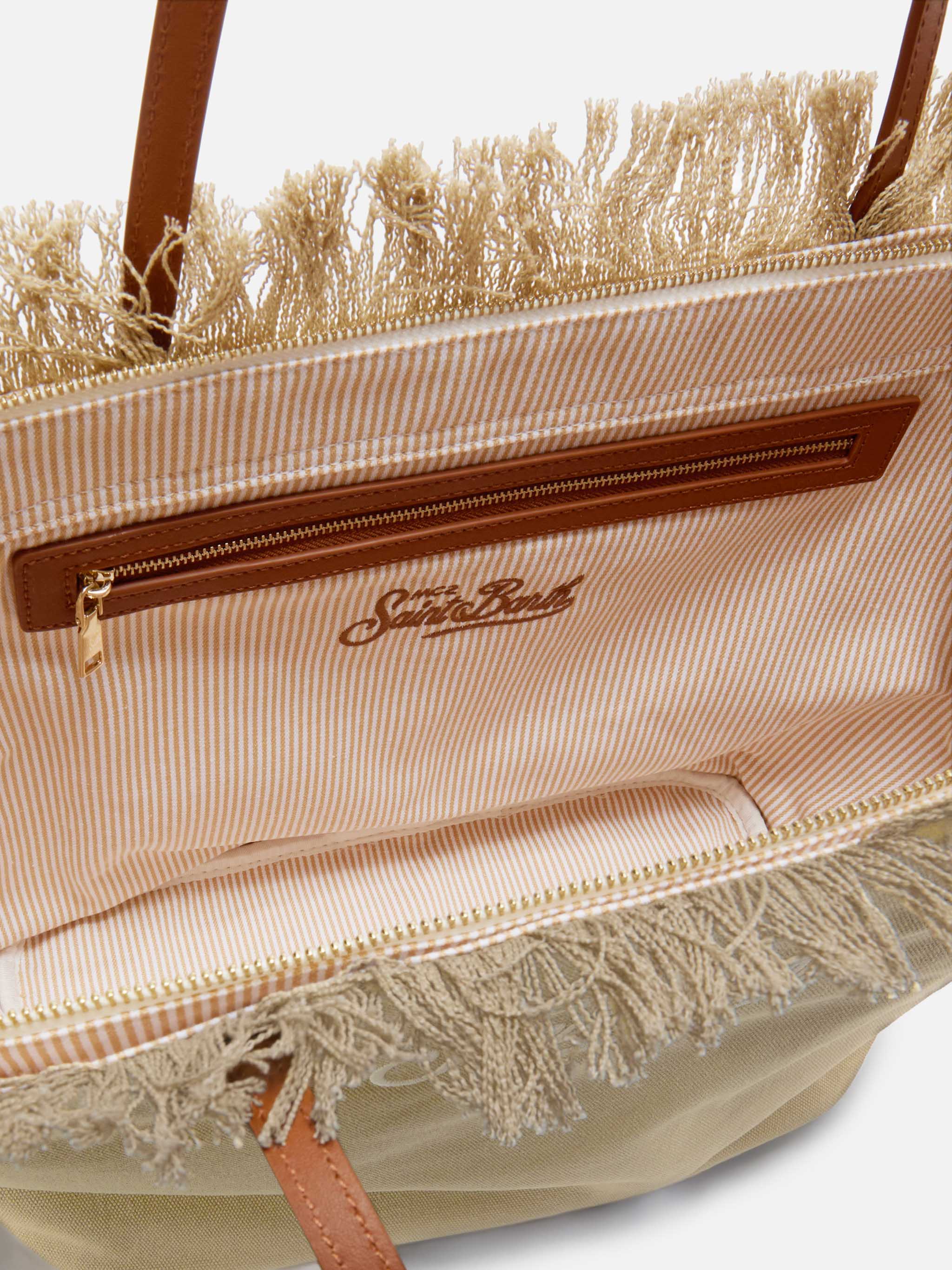 Borsa City regular in canvas beige con frange