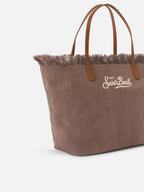 Borsa City regular in canvas marrone con frange
