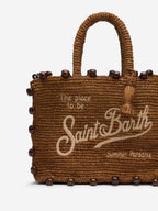 Borsa Colette in rafia marrone con perline e logo ricamato