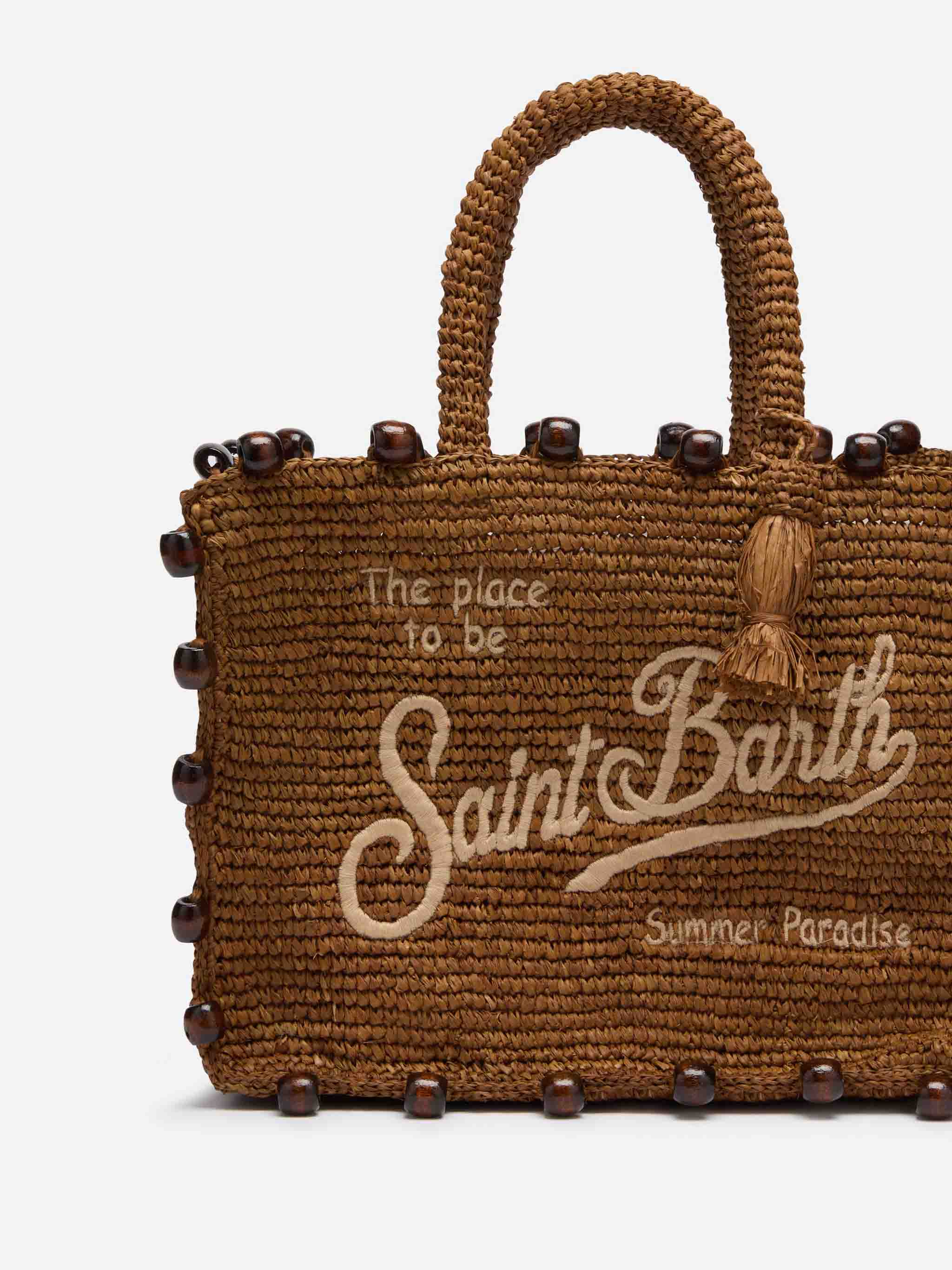 Borsa Colette in rafia marrone con perline e logo ricamato