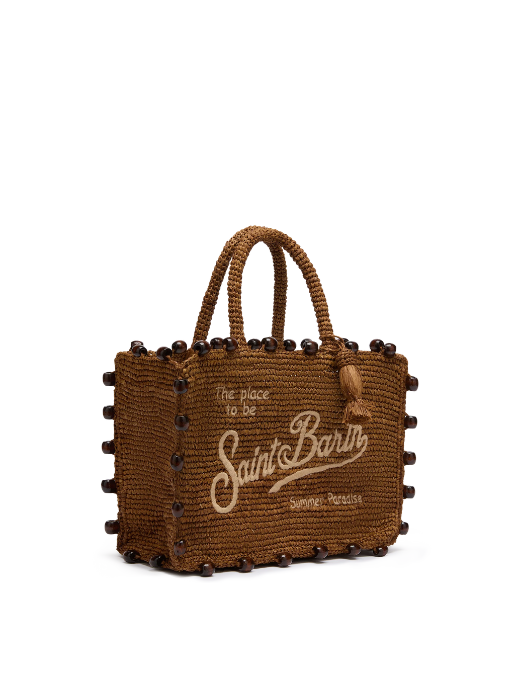 Borsa Colette in rafia marrone con perline e logo ricamato