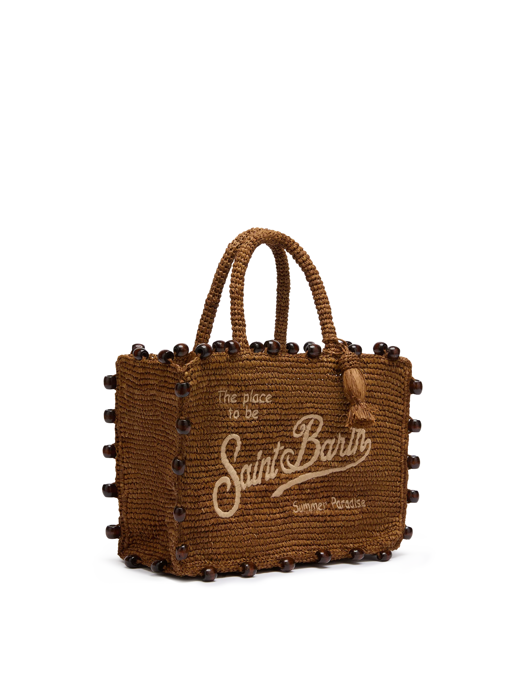 Borsa Colette in rafia marrone con perline e logo ricamato