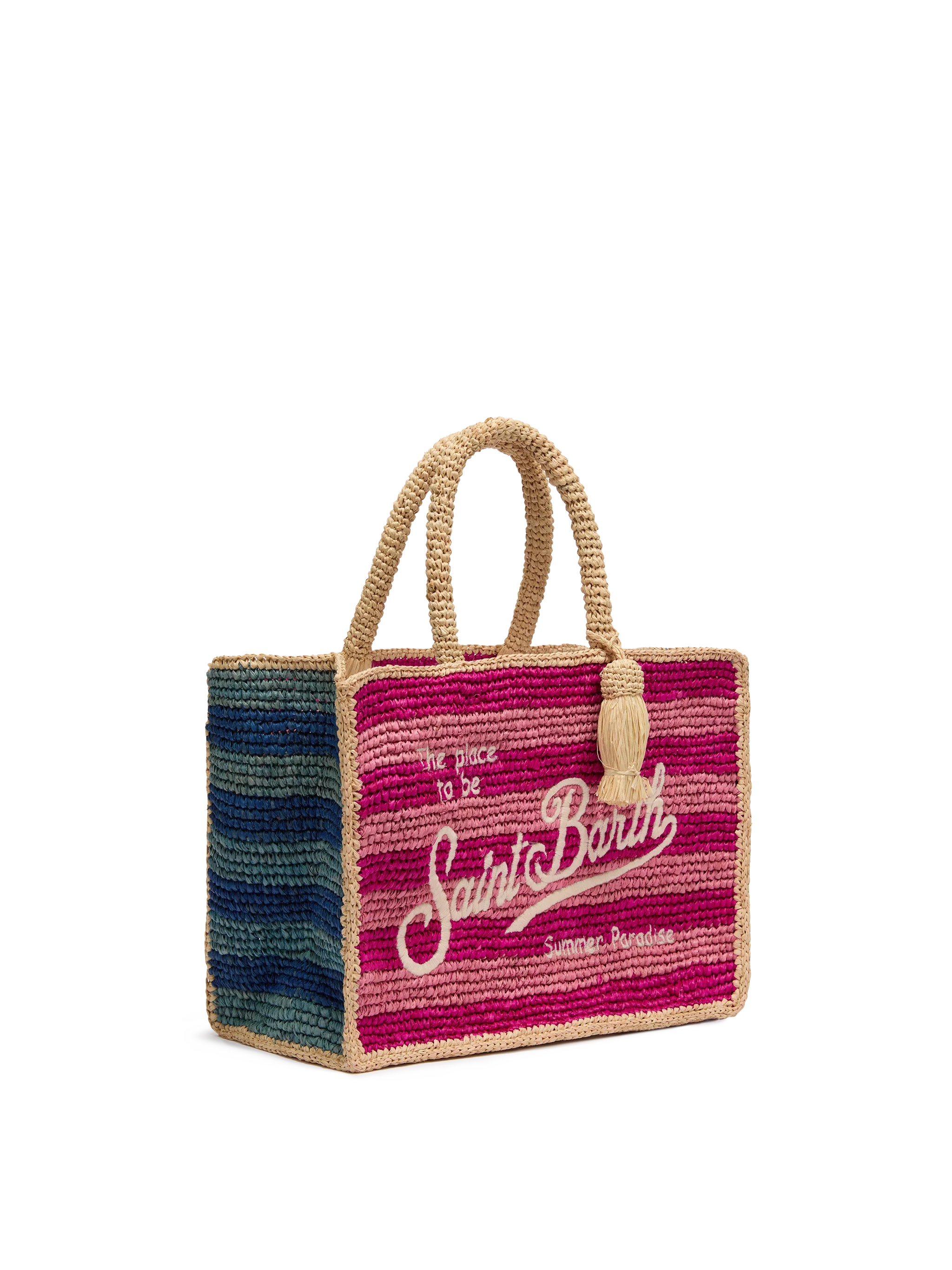 Borsa Colette in rafia a righe multicolore con logo ricamato