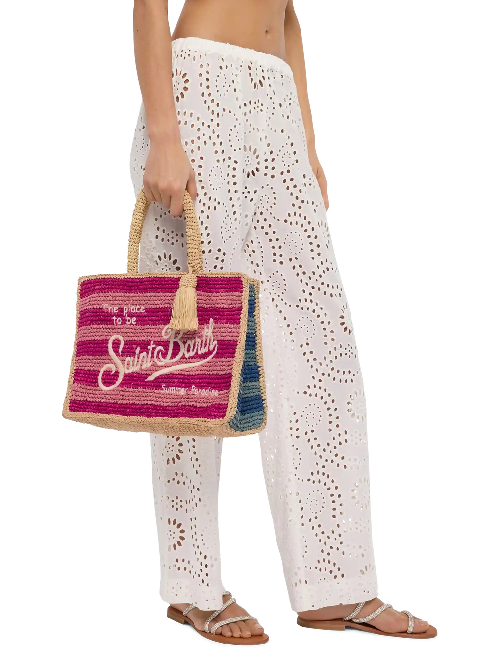 Borsa Colette in rafia a righe multicolore con logo ricamato