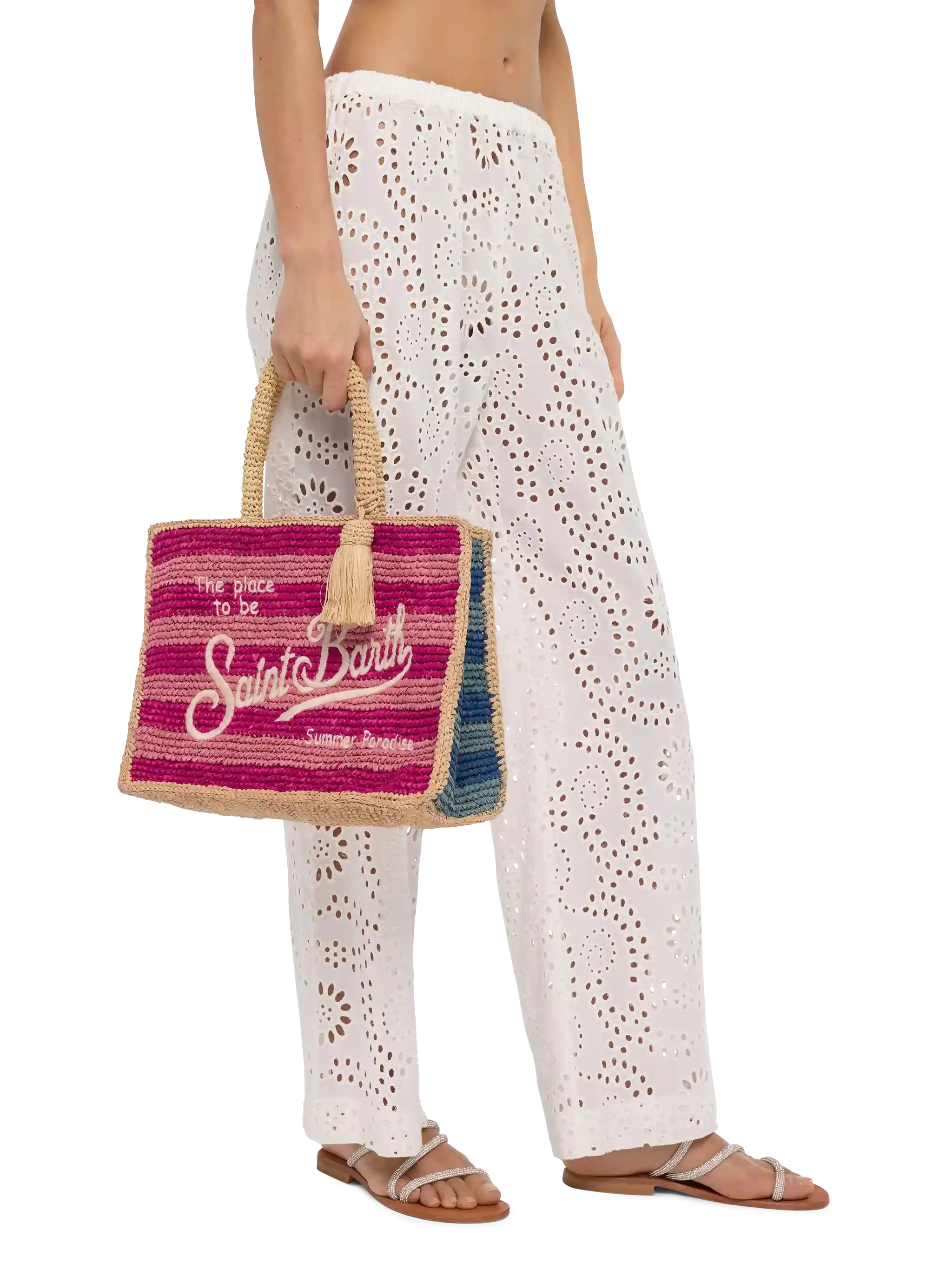 Borsa Colette in rafia a righe multicolore con logo ricamato