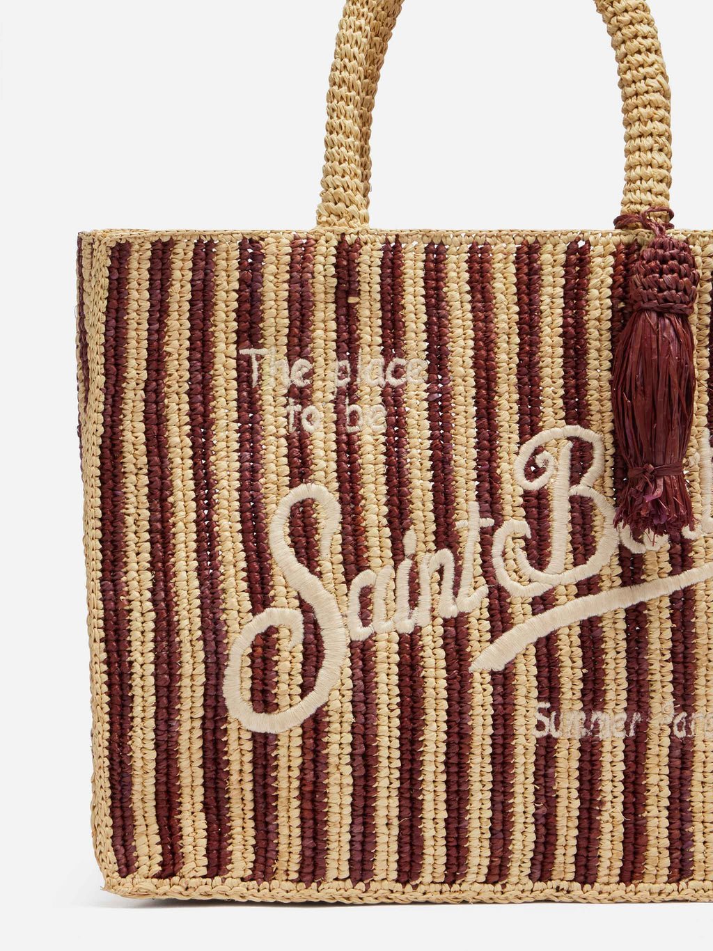 Borsa Colette in rafia a righe marroni con logo ricamato
