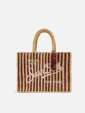 Borsa Colette in rafia a righe marroni con logo ricamato