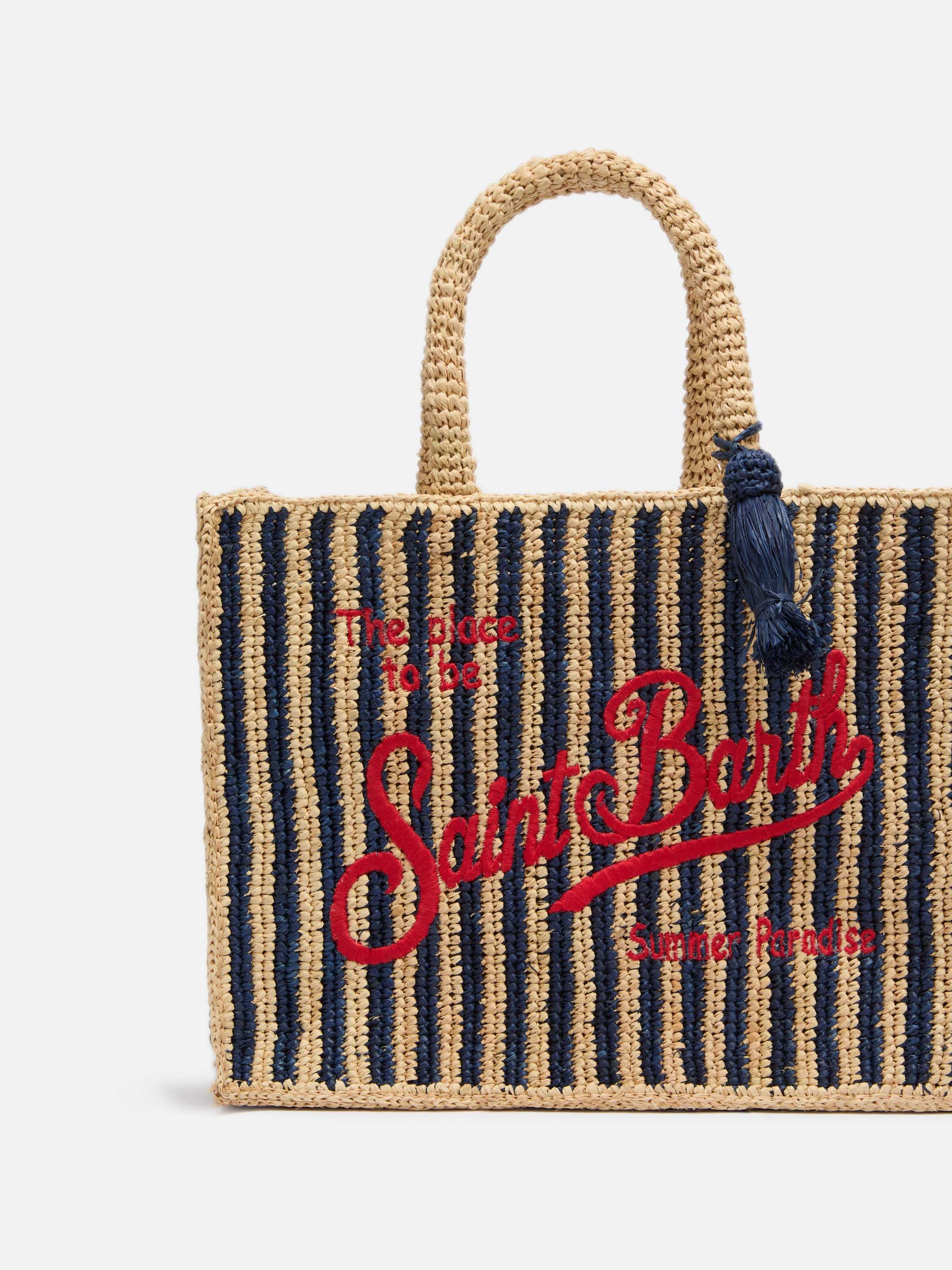 Borsa Colette in rafia a righe blu navy con logo ricamato