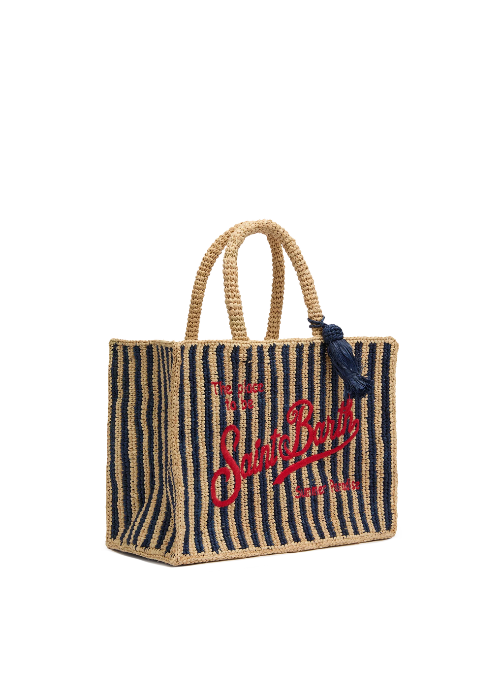 Borsa Colette in rafia a righe blu navy con logo ricamato