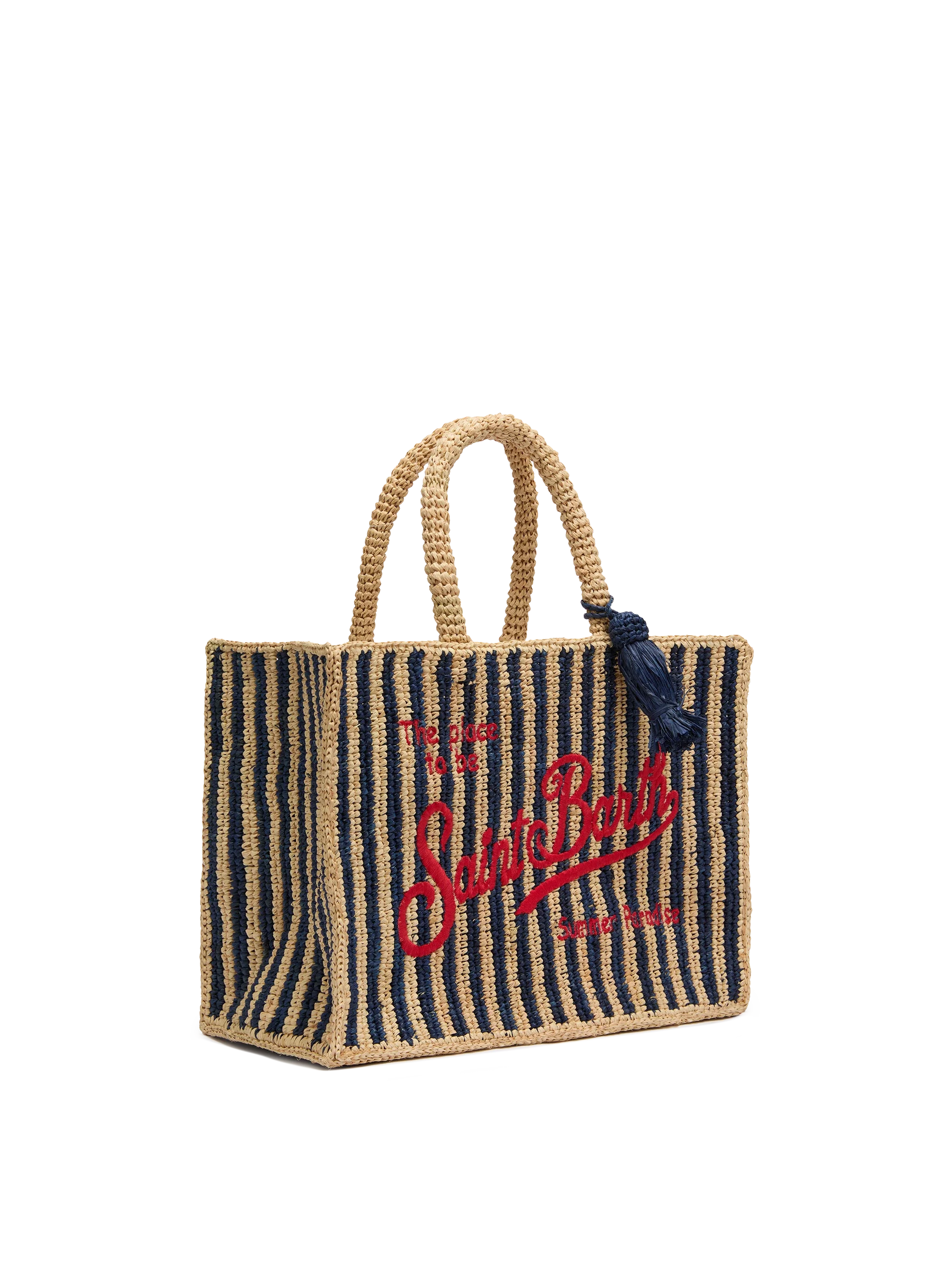 Borsa Colette in rafia a righe blu navy con logo ricamato