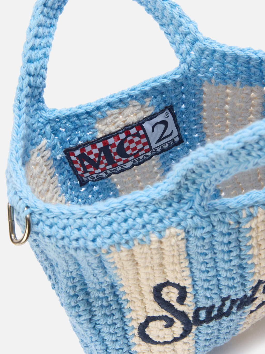 Borsa Crochet Mini a righe azzurre con logo ricamato