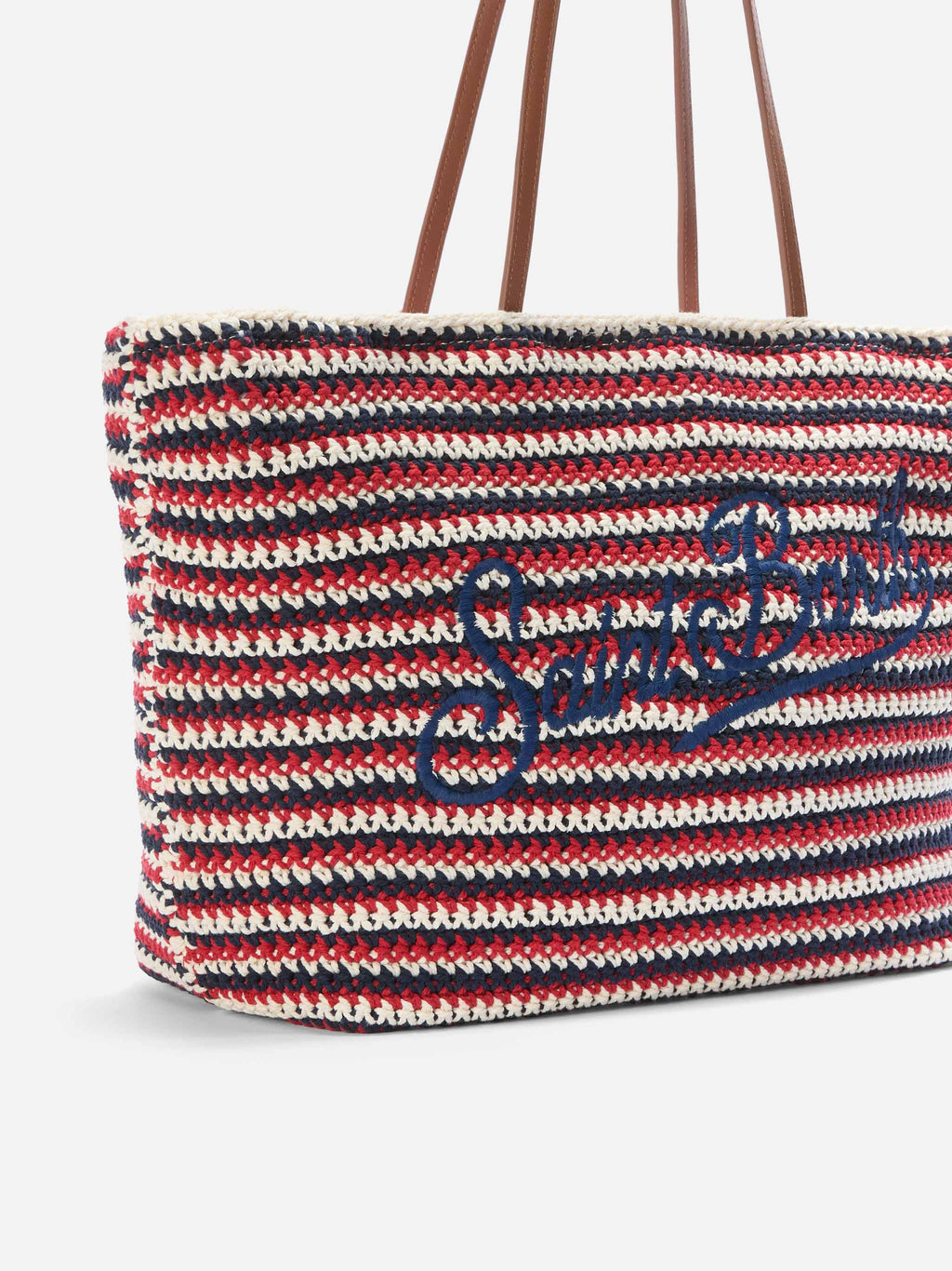 Borsa Tote Crochet a righe blu e rosse con logo ricamato