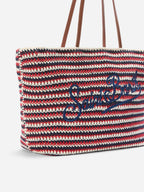 Borsa Tote Crochet a righe blu e rosse con logo ricamato