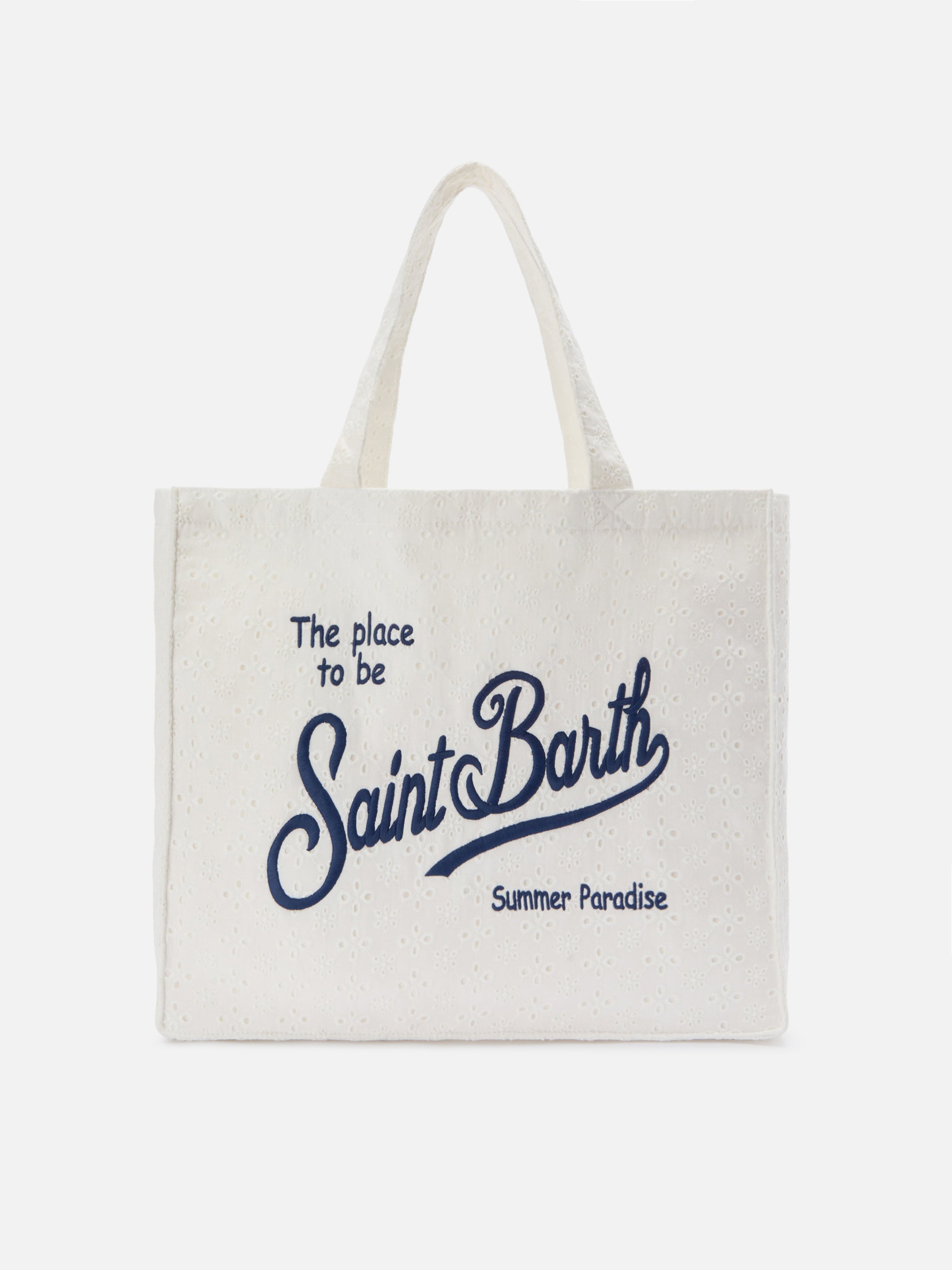 Borsa Essential in cotone sangallo bianco con logo a contrasto