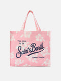 Borsa Essential in canvas con stampa hibiscus rosa e logo a contrasto