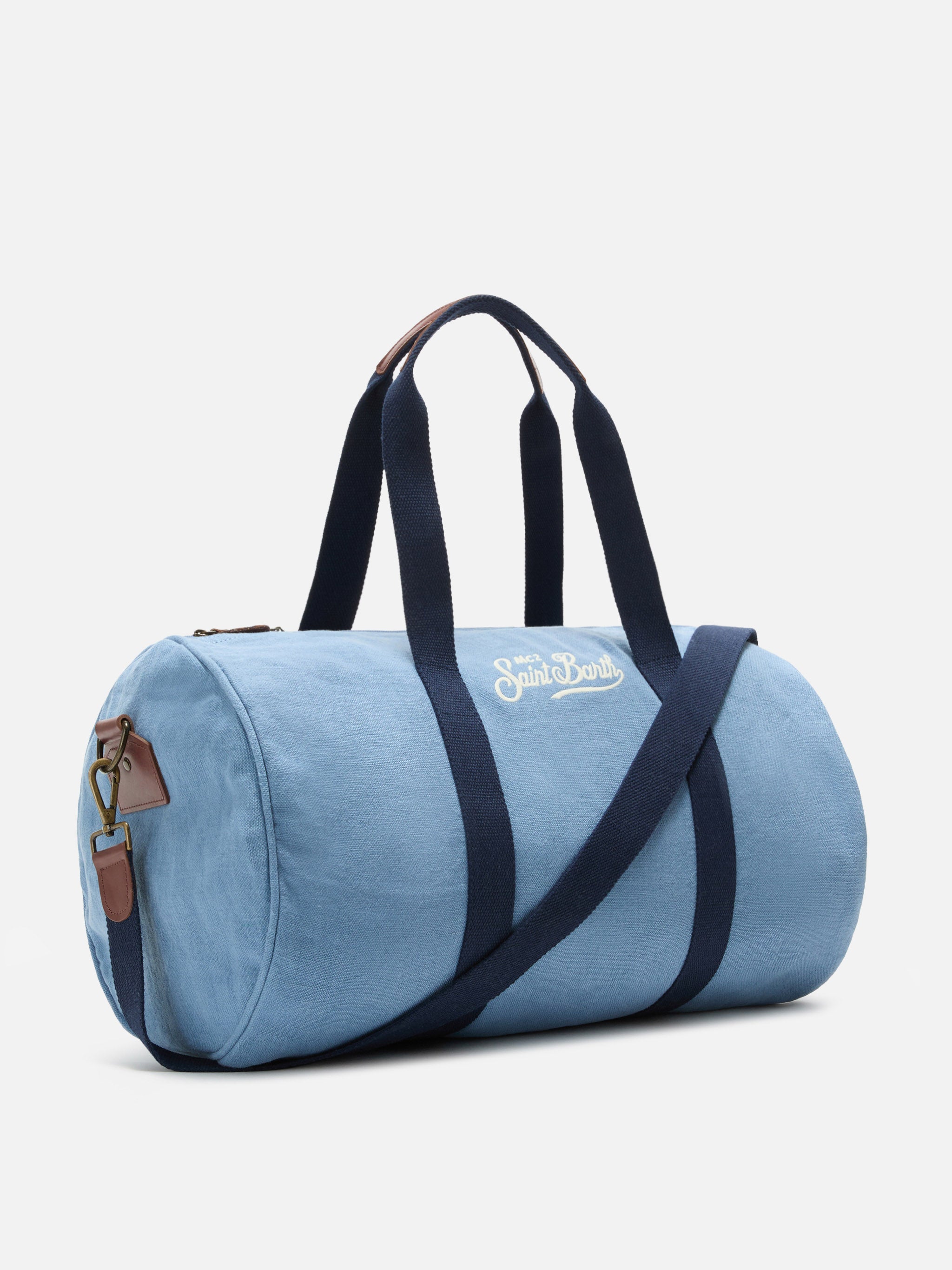Borsone Round Jetleg in lino blu con logo ricamato a contrasto