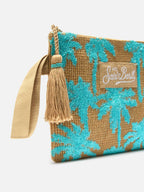 Pochette in juta con fantasia palme ricamate