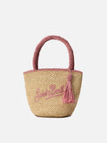 Borsa Marcy medium in raffia con dettagli rosa e logo ricamato
