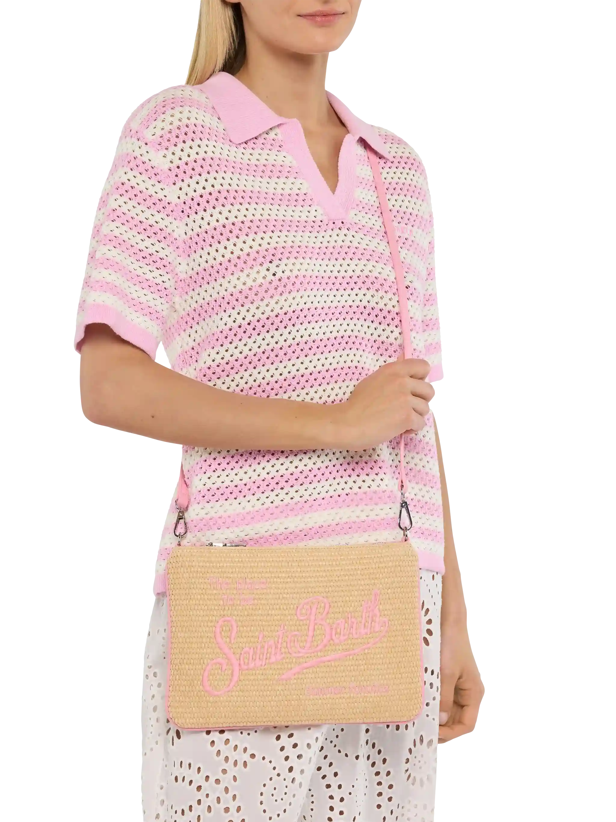 Pochette Parisienne effetto paglia con dettagli rosa