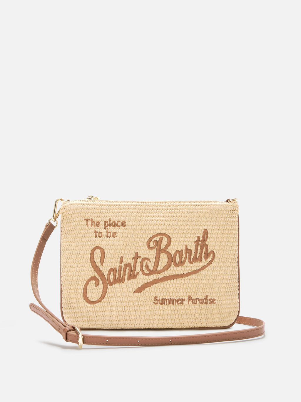 Parisienne pouch effetto paglia con logo ricamato marrone e tracolla removibile