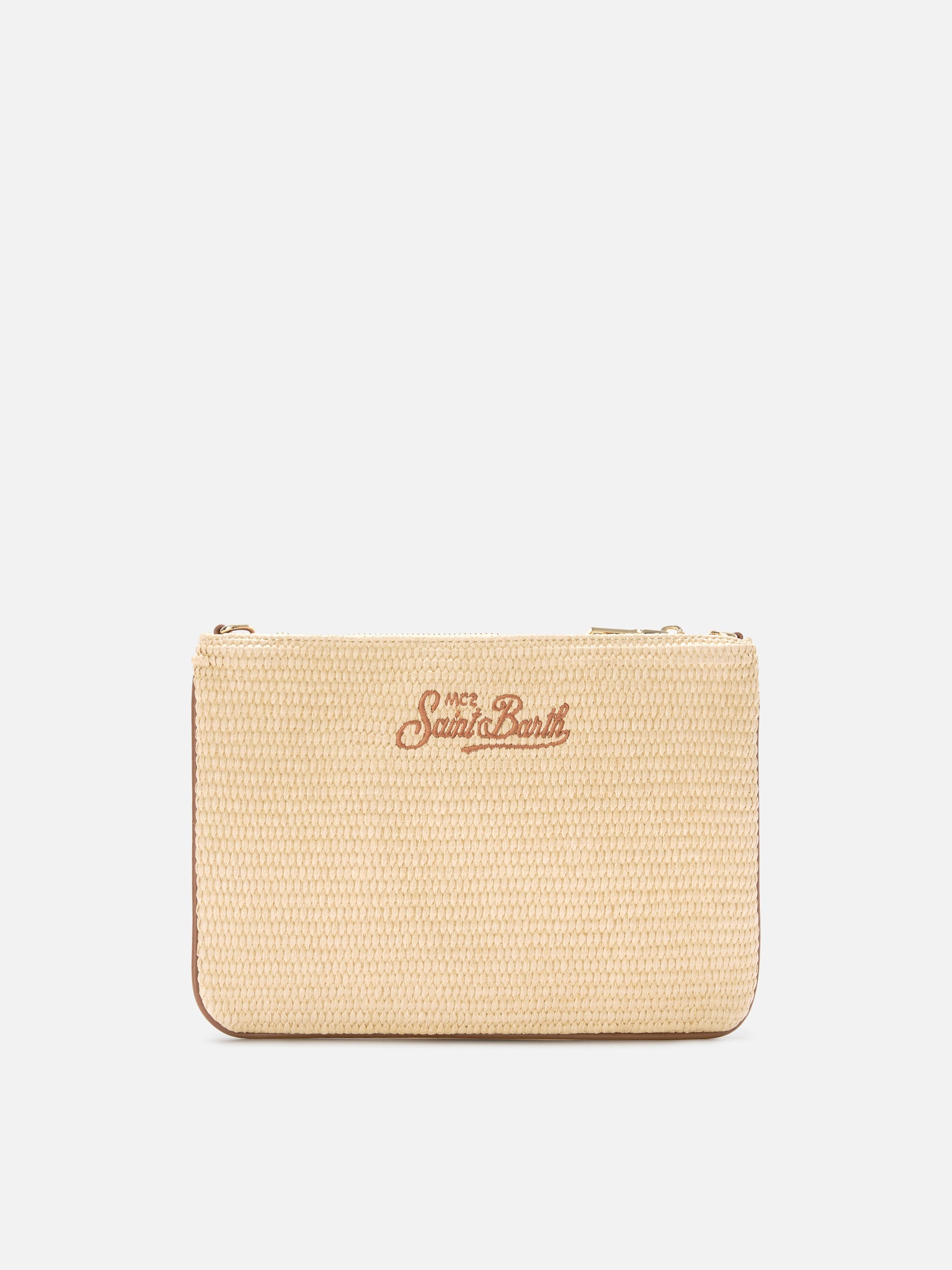 Parisienne pouch effetto paglia con logo ricamato marrone e tracolla removibile