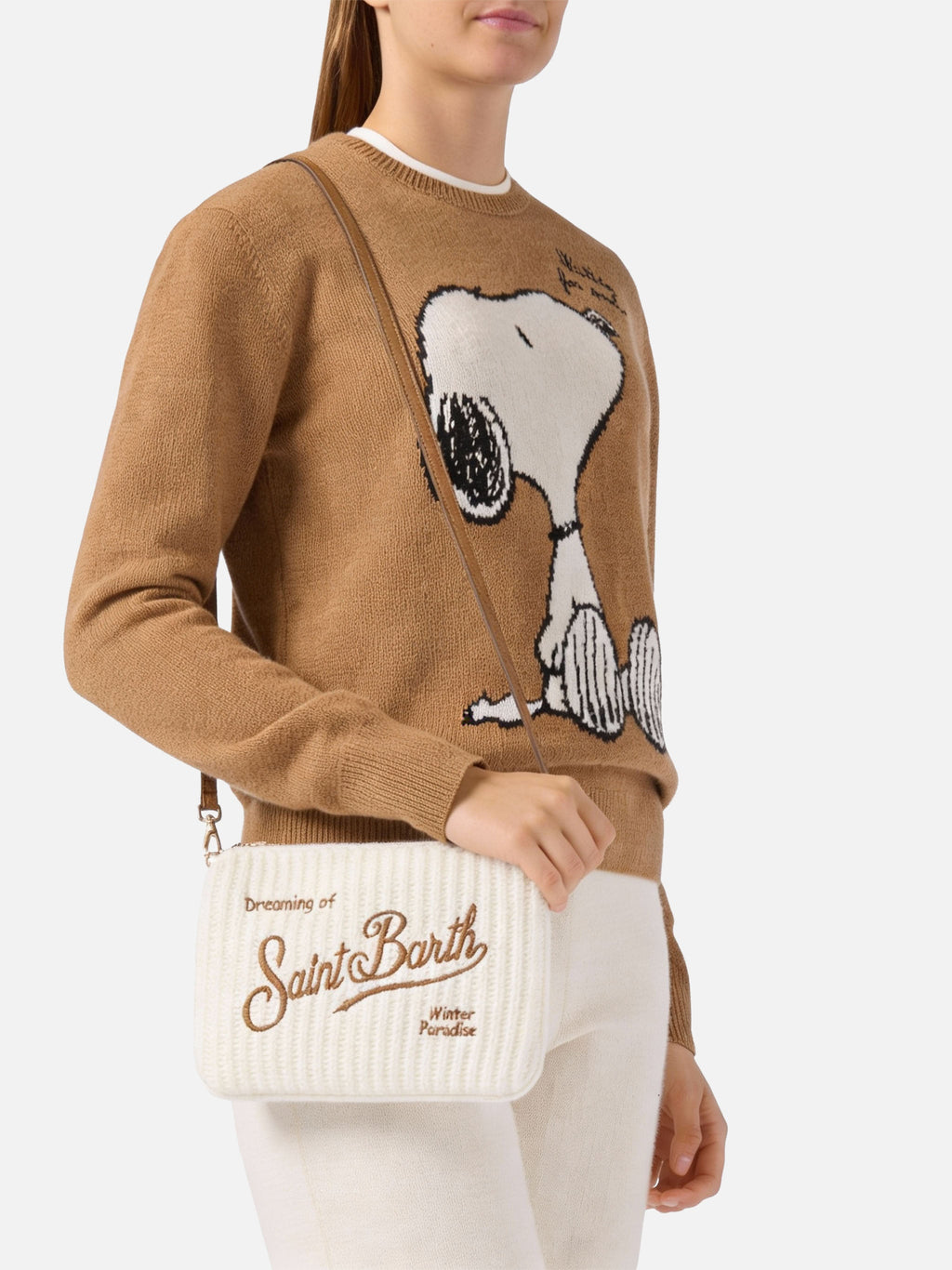 Borsa crossbody Parisienne Wool Rib in misto lana a coste bianca