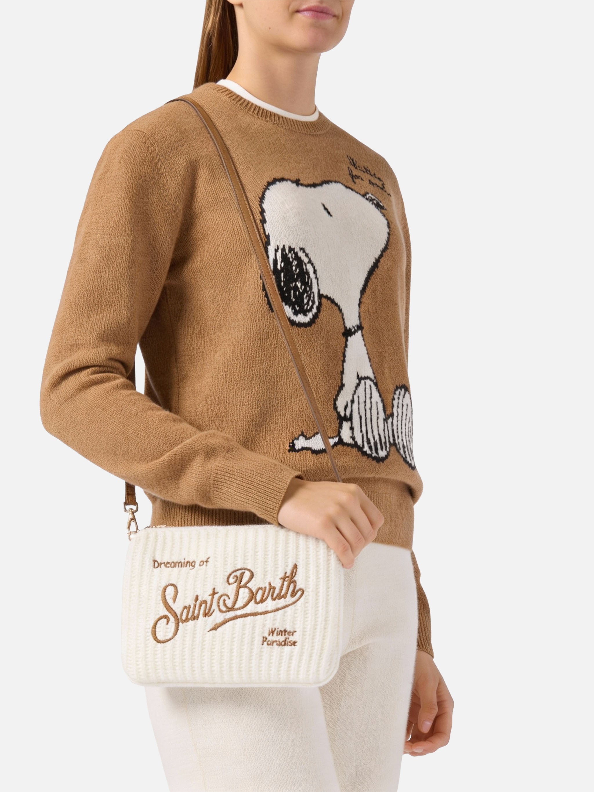 Borsa crossbody Parisienne Wool Rib in misto lana a coste bianca