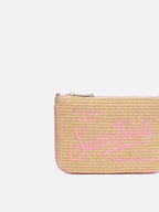 Pouch Mini Parisienne effetto paglia con logo ricamato rosa