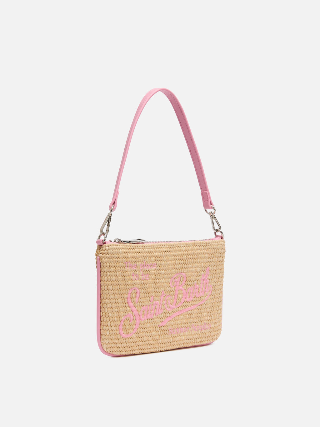 Pouch Mini Parisienne effetto paglia con logo ricamato rosa