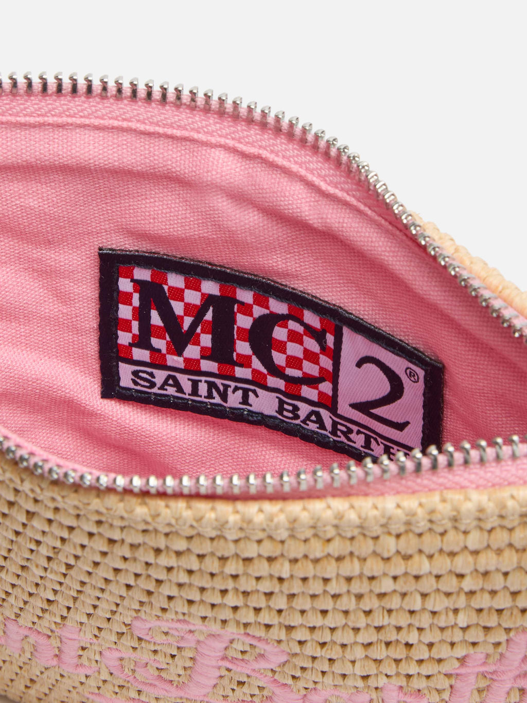 Pouch Mini Parisienne effetto paglia con logo ricamato rosa