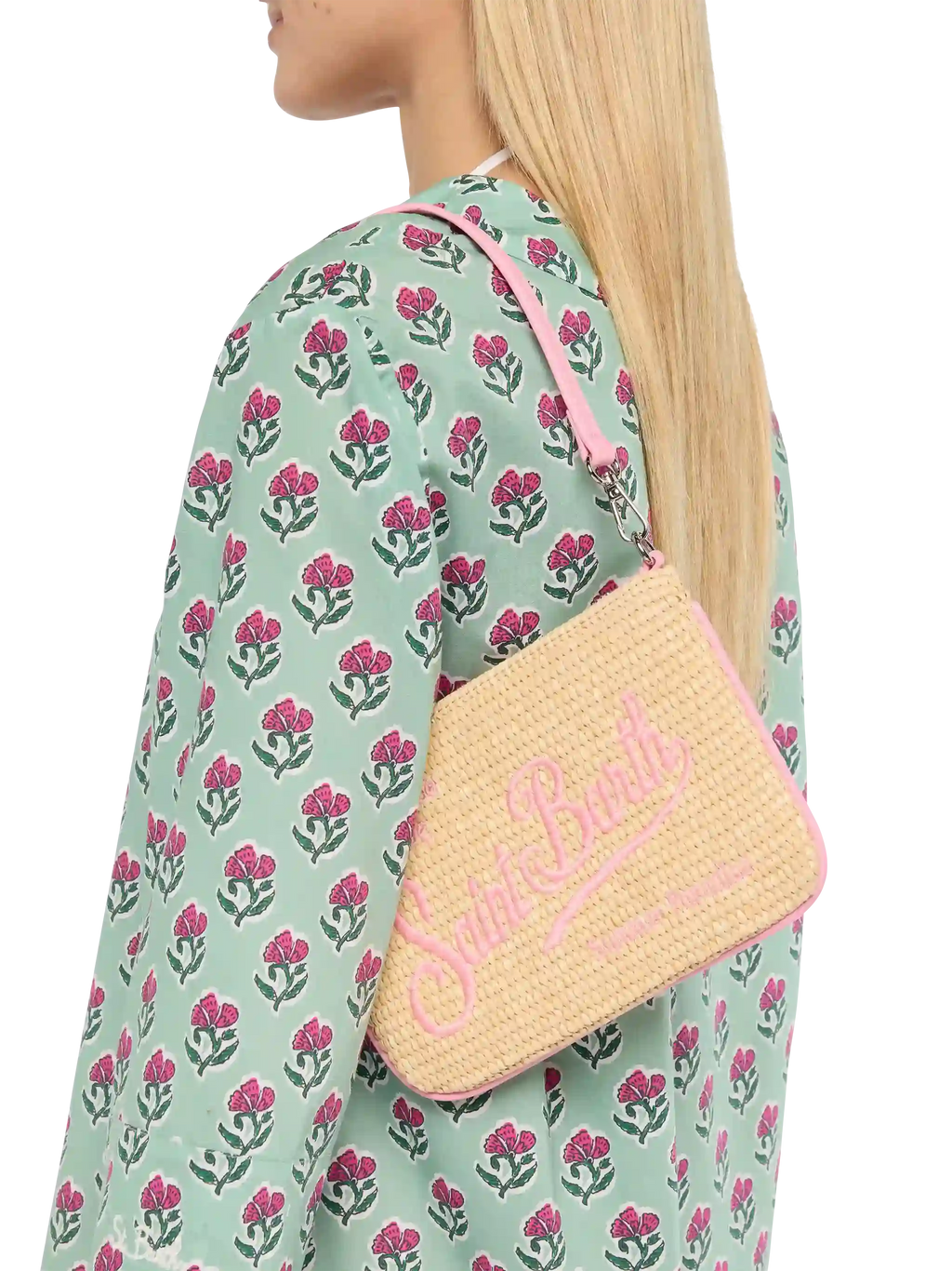 Pouch Mini Parisienne effetto paglia con logo ricamato rosa