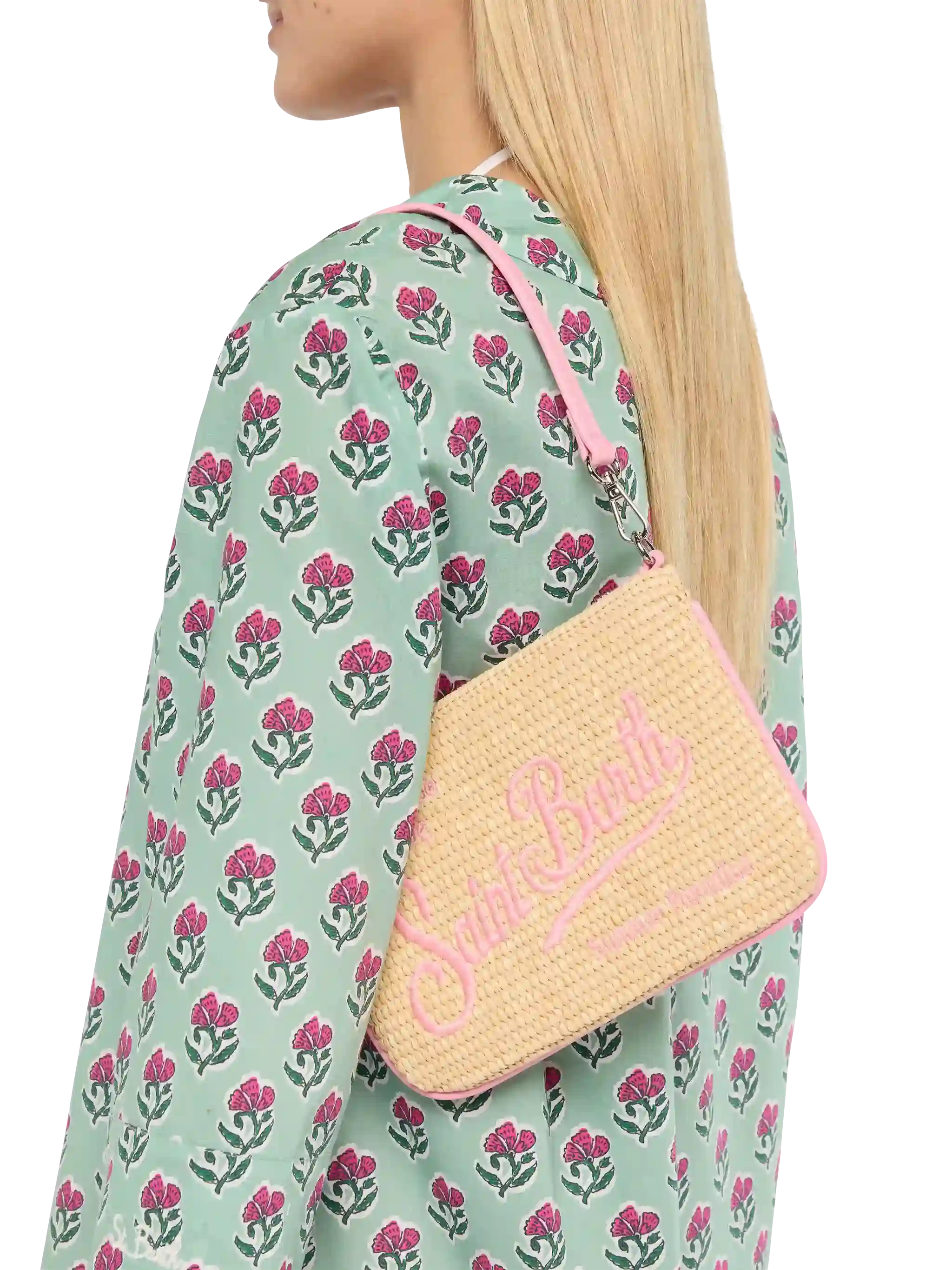 Pouch Mini Parisienne effetto paglia con logo ricamato rosa