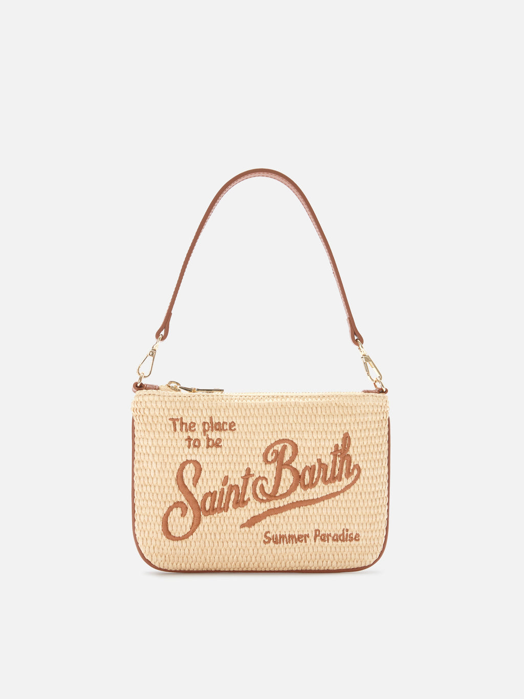 Pouch Mini Parisienne effetto paglia con logo ricamato marrone