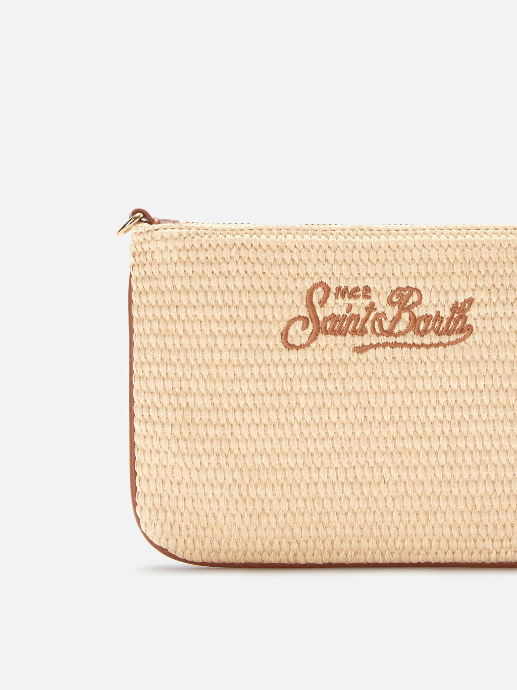 Pouch Mini Parisienne effetto paglia con logo ricamato marrone