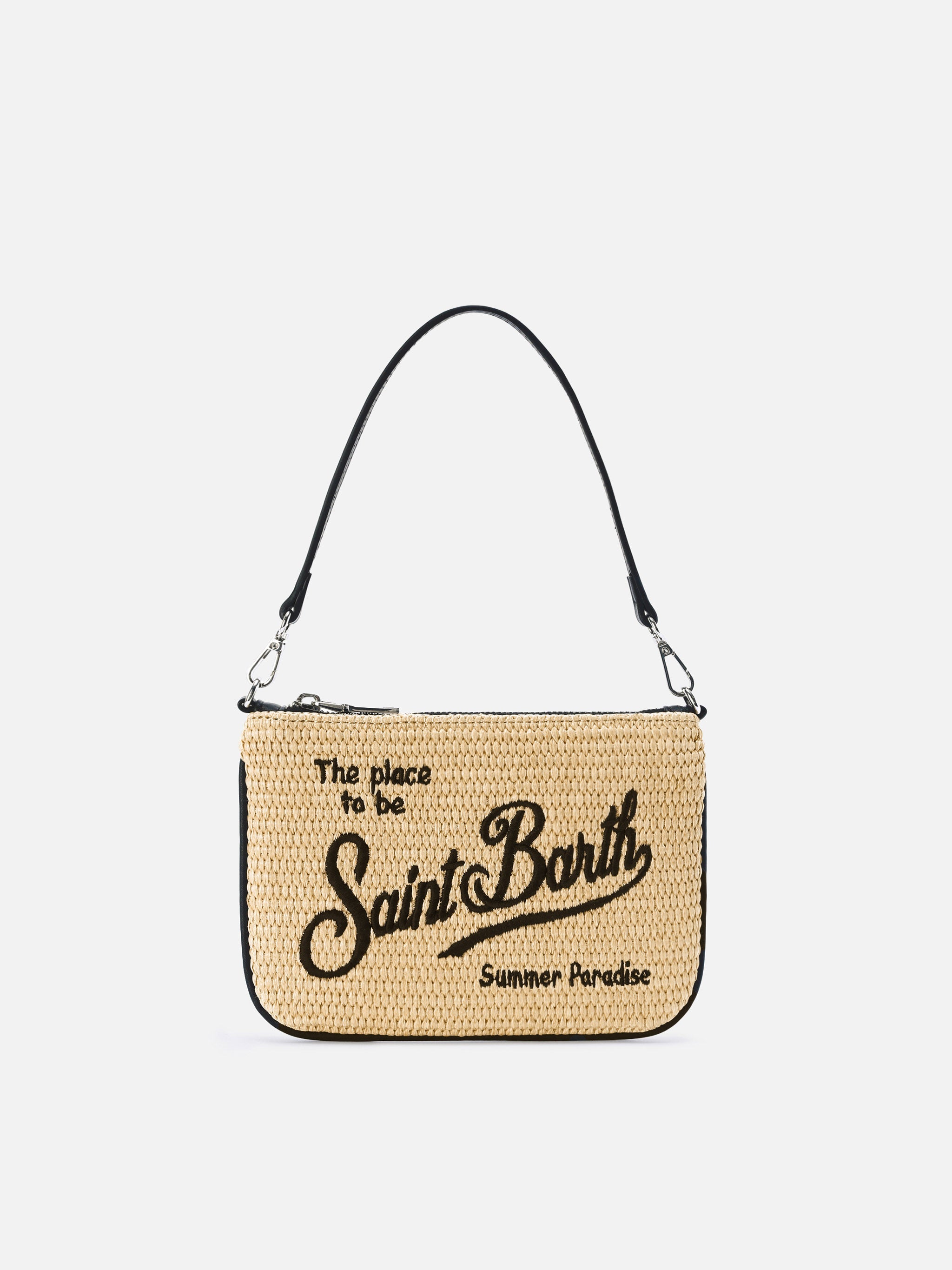 Pouch Mini Parisienne effetto paglia con logo ricamato nero