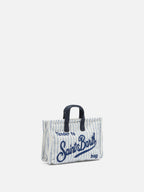 Phone Bag in lino con stampa a righe azzurre