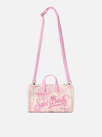 Borsa Phone micro in canvas con stampa toile de jouy rosa e logo a contrasto