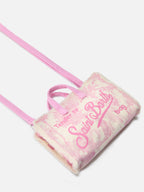 Borsa Phone micro in canvas con stampa toile de jouy rosa e logo a contrasto