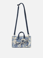 Borsa Phone micro in canvas con stampa toile de jouy azzurro e logo a contrasto
